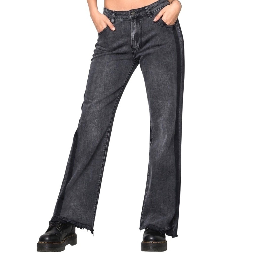 Momokrom Women Black Straight Leg Jeans Size 10 Side Stripe Raw Hem Denim Pants